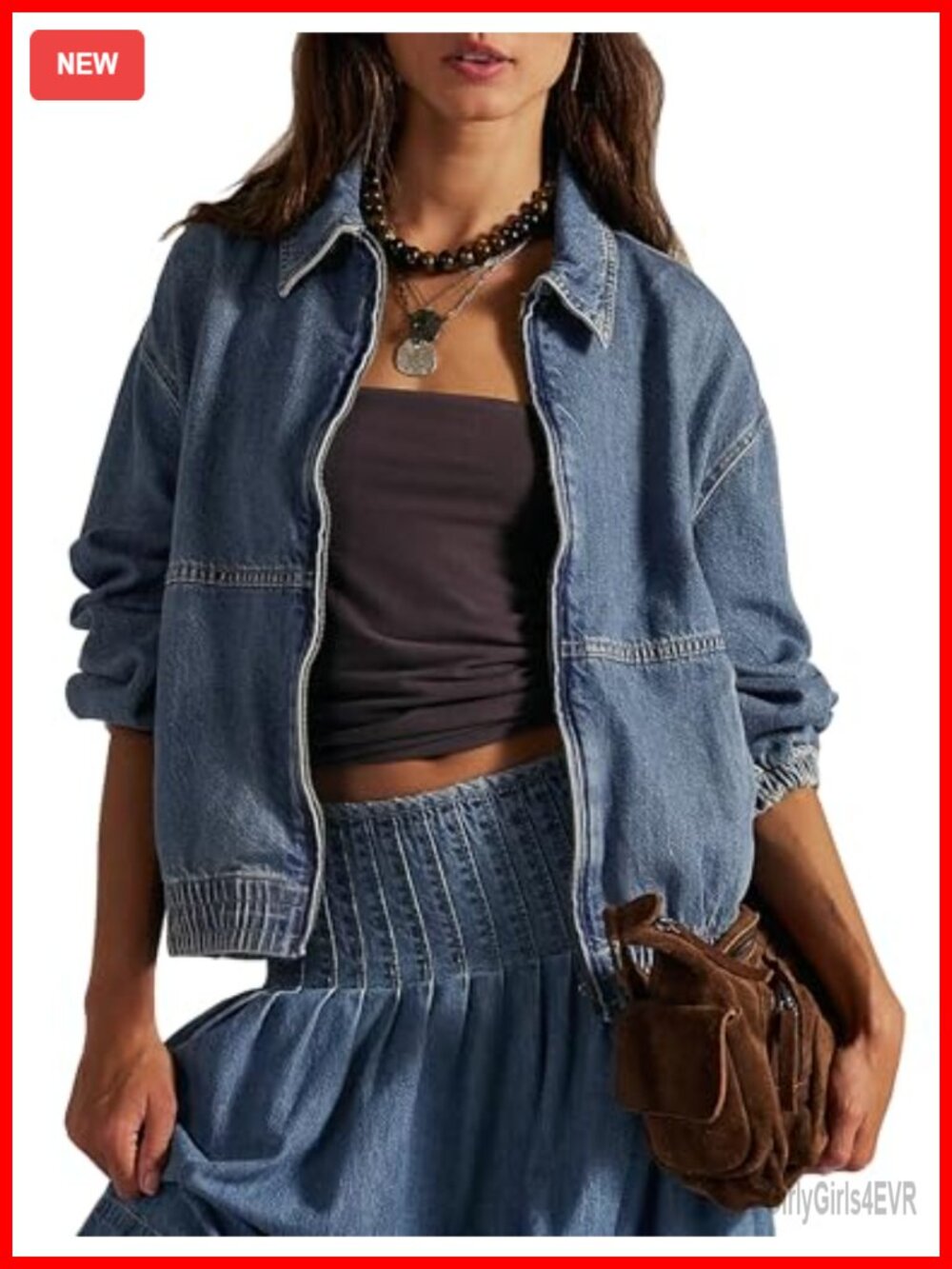 Womens Zip Up Denim Bomber Jacket Loose Fit 100% Cotton